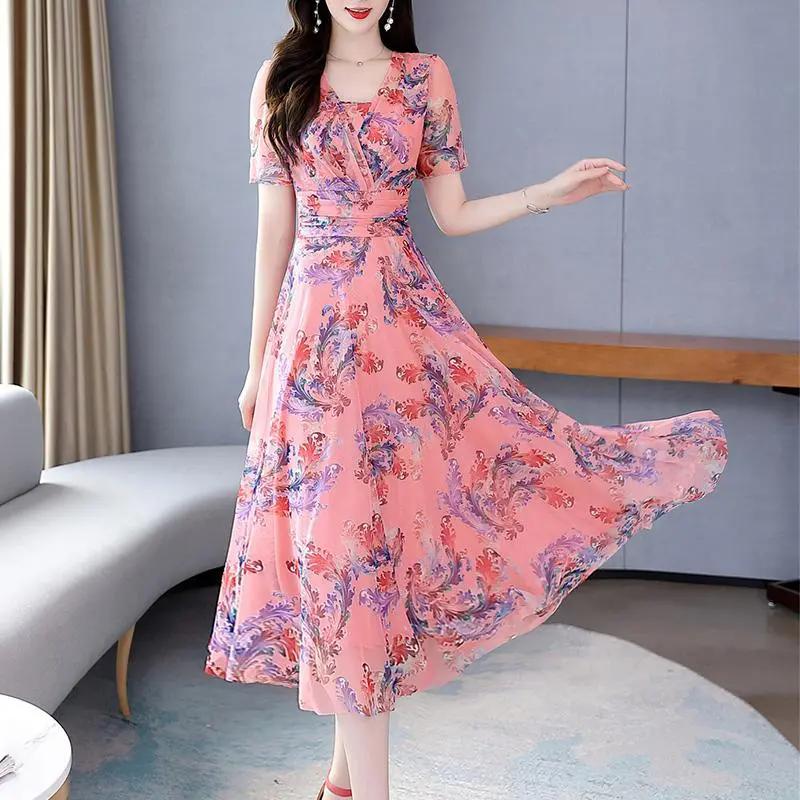 

Женское хлопковое шелковое платье с принтом, женское платье длиной до колена с круглым вырезом на шнуровке, свободная свинг-юбка-миди 4XL розовый