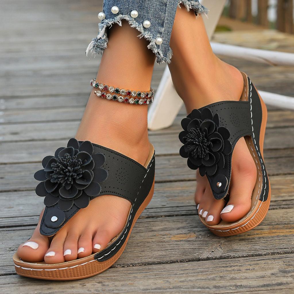 Large Size Slippers Women's Popular Wedge Sandals Flower One-character Cool Slippers Outer Wear