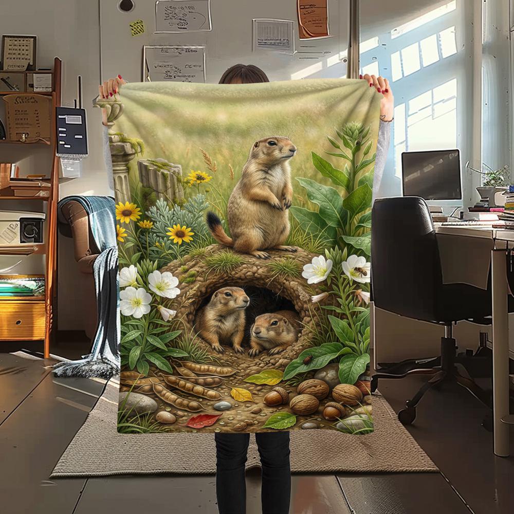 1PC Cute Little Groundhog  Print FlAannel Blanket, High Quality Comfortable for All Seasons, Home Decor, Warmth and Comfort