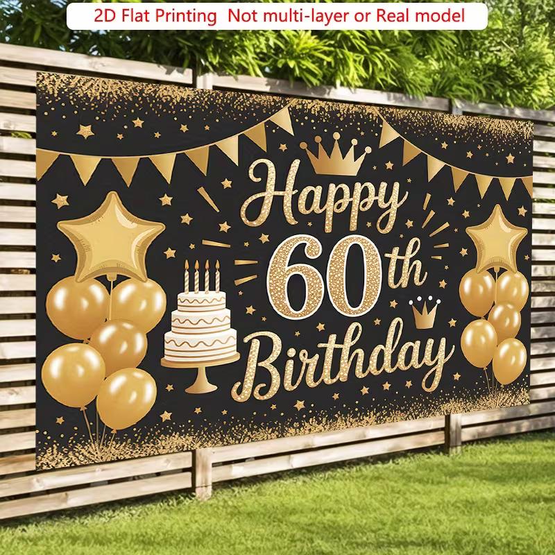 2D Elegant Black Gold Themed 60th Birthday Party Banner with Balloons