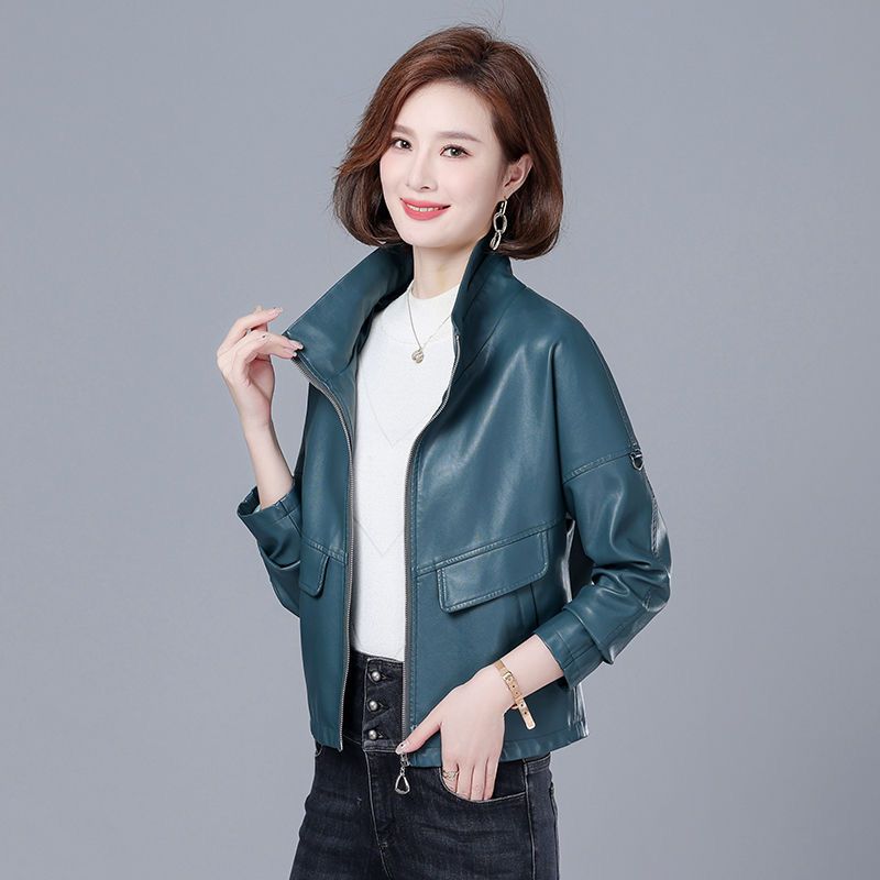 Women's  Autumn New Leather Leather Short Fashion Sheepskin Lapel Zipper Fashion Versatile Solid Color Leather Jackets