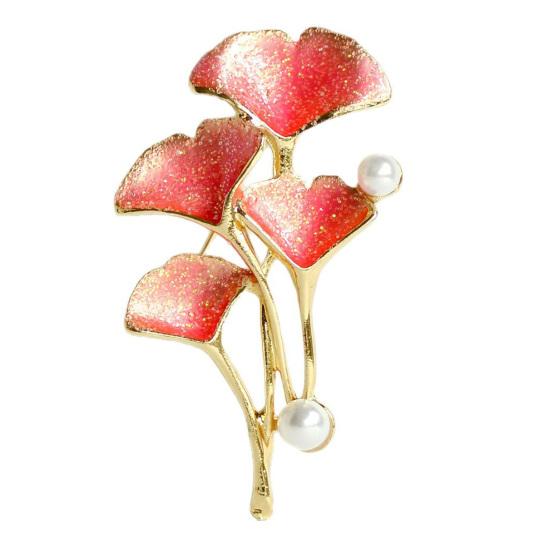 Brooch Pin Enamel Finish Imitation Pearls Ginkgo Leaf Design Zinc Alloy Pin with Gold-Plated красный