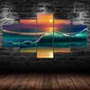Sunset Beach Huge Waves Seascape Painting 5 Piece Five Panel Wall Canvas Print Modern Art Poster Home Decor Gift For Him For Her
