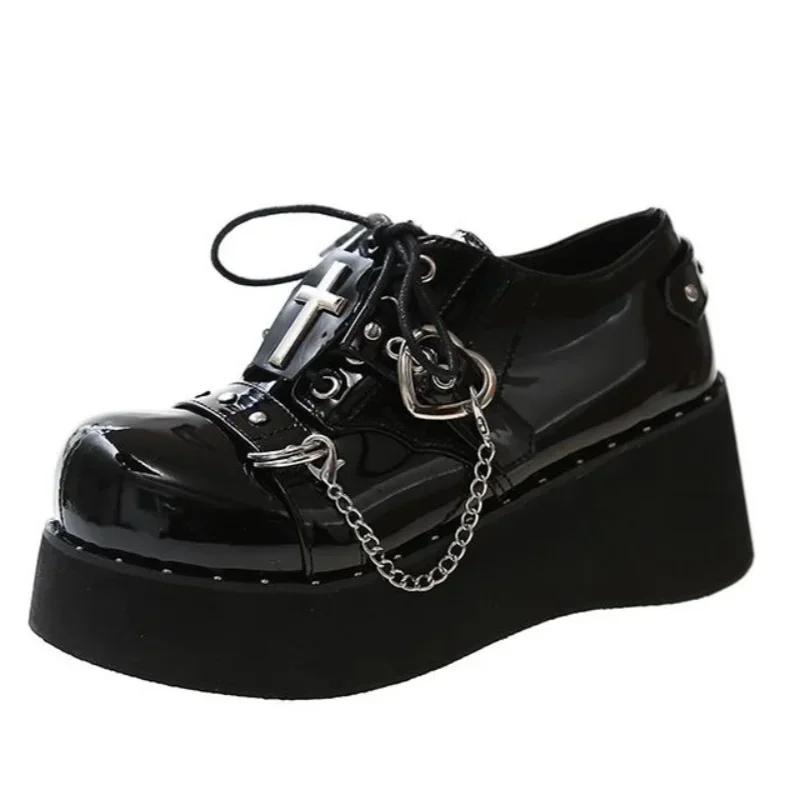 Fashion Japanese Kawaii Punk Goth Chunky Platform Pumps Women Bowtie Wedges Mary Jane Lolita Shoes Woman Heart Ankle Buckle Black Shoes