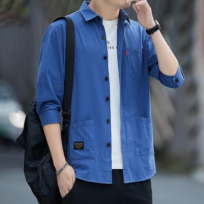 Summer Cotton Men's Mid Sleeved Shirt Casual Trend Seven Quarter Sleeved Shirt Thin Versatile Solid Color Top Shirts Men’s