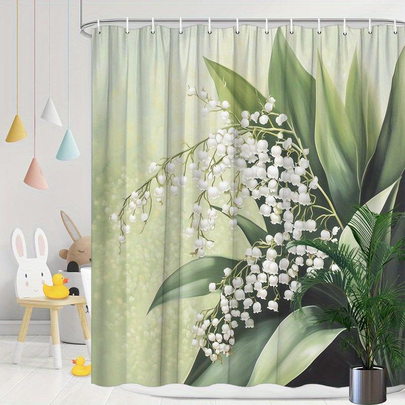 

1pc Lily of the Valley Shower Curtain - White Flowers, Green Stems, Gradient Green Yellow, Polyester, Washable W90XH180cm
