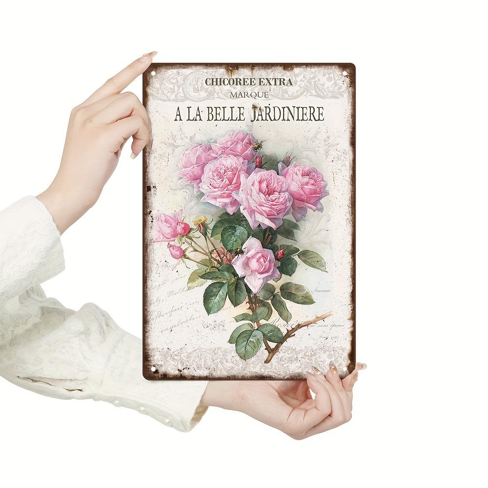 Vintage Rose Metal Tin Sign, Retro Wall Art for Home & Garden Decor, Rustic Pink Roses Design with Green Leaves and Butterflies