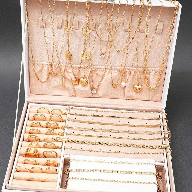 40pcs/Set Elegant Geometric Pearl Ring, Multi-Layered Heart Zircon Necklace, Simple Bracelet 3-In-1 Jewelry Set For Women No Box