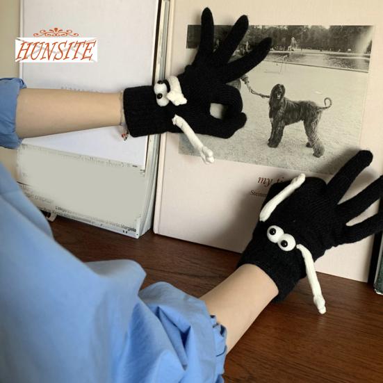1 Pair Linking Couple Gloves, Magnetic Suction, Knitted Full Fingers, Funny Big Eyes, Winter Warm Gloves