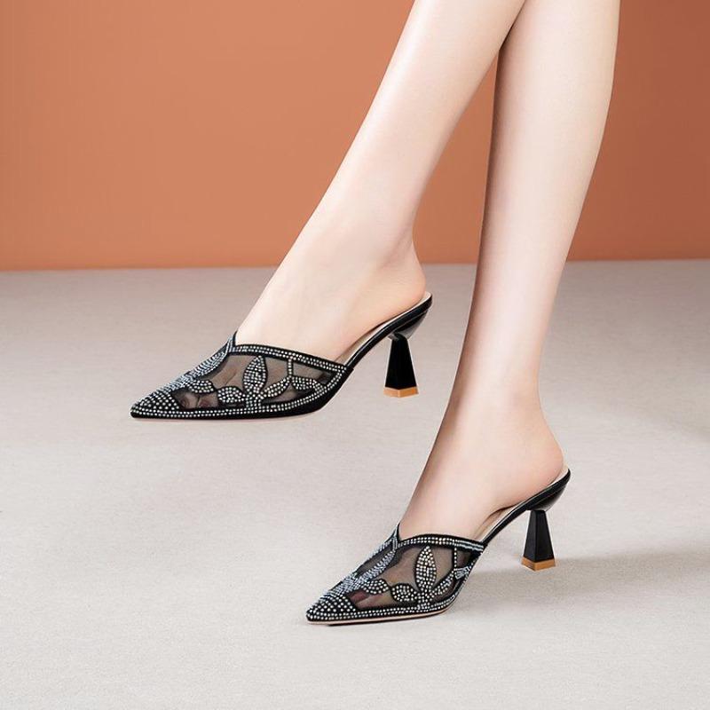 Women's Mules Slippers and Ladies Sandals Rhenstone Slides Pointed Toe Black Heeled Shoes Summer 2025 on Promotion Sale Non Slip