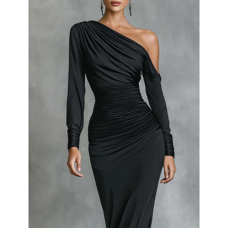 Black Off Shoulder Long Sleeve Long Dress For Autumn