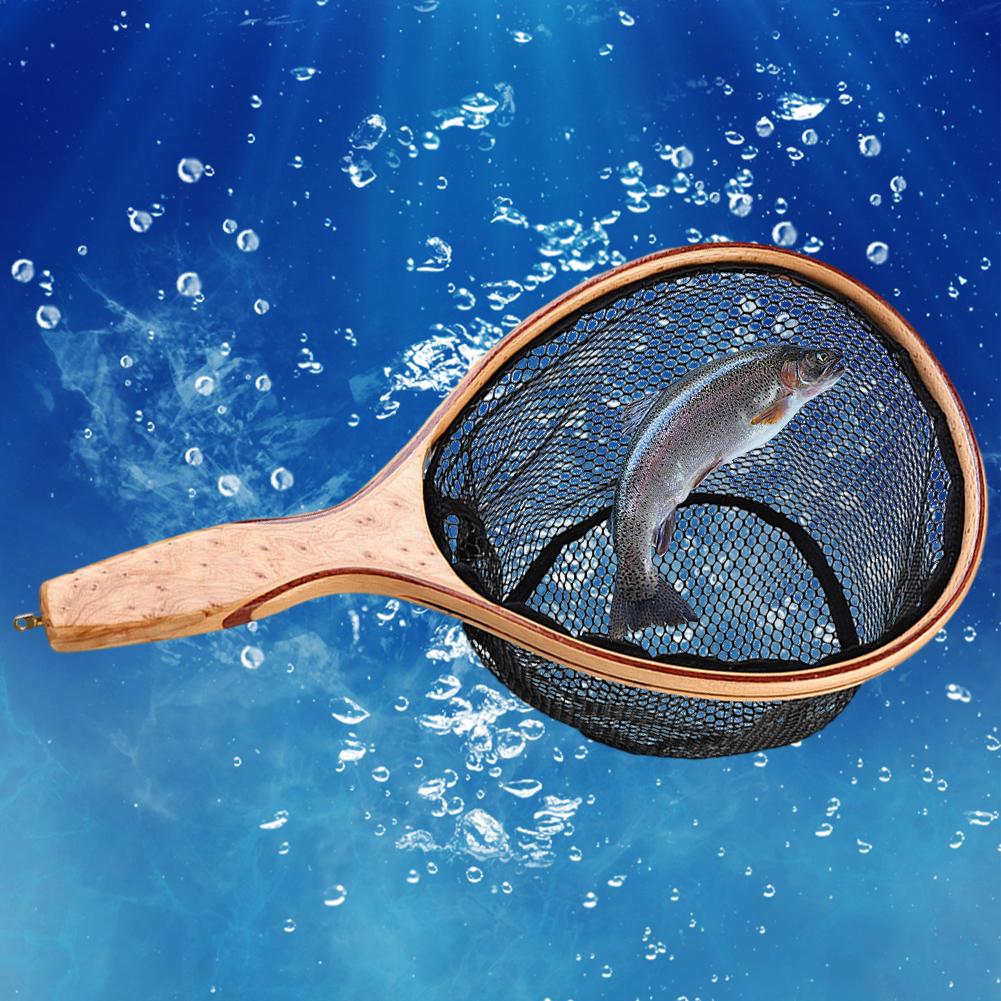 Wooden Handle Fly Fishing Landing Net Soft Rubber Mesh Catch and Release Net Floating Fishing Net Outdoor Fishing Accessories