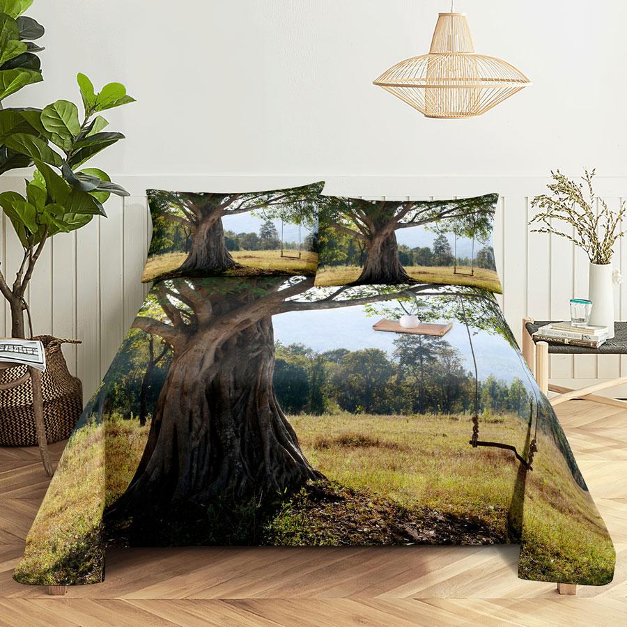 Scene Bed Sheet and Pillowcase Set Bedding Linens Cover Queen King Double Size 220x240 Trees for Bedroom Soft Twin Full Single