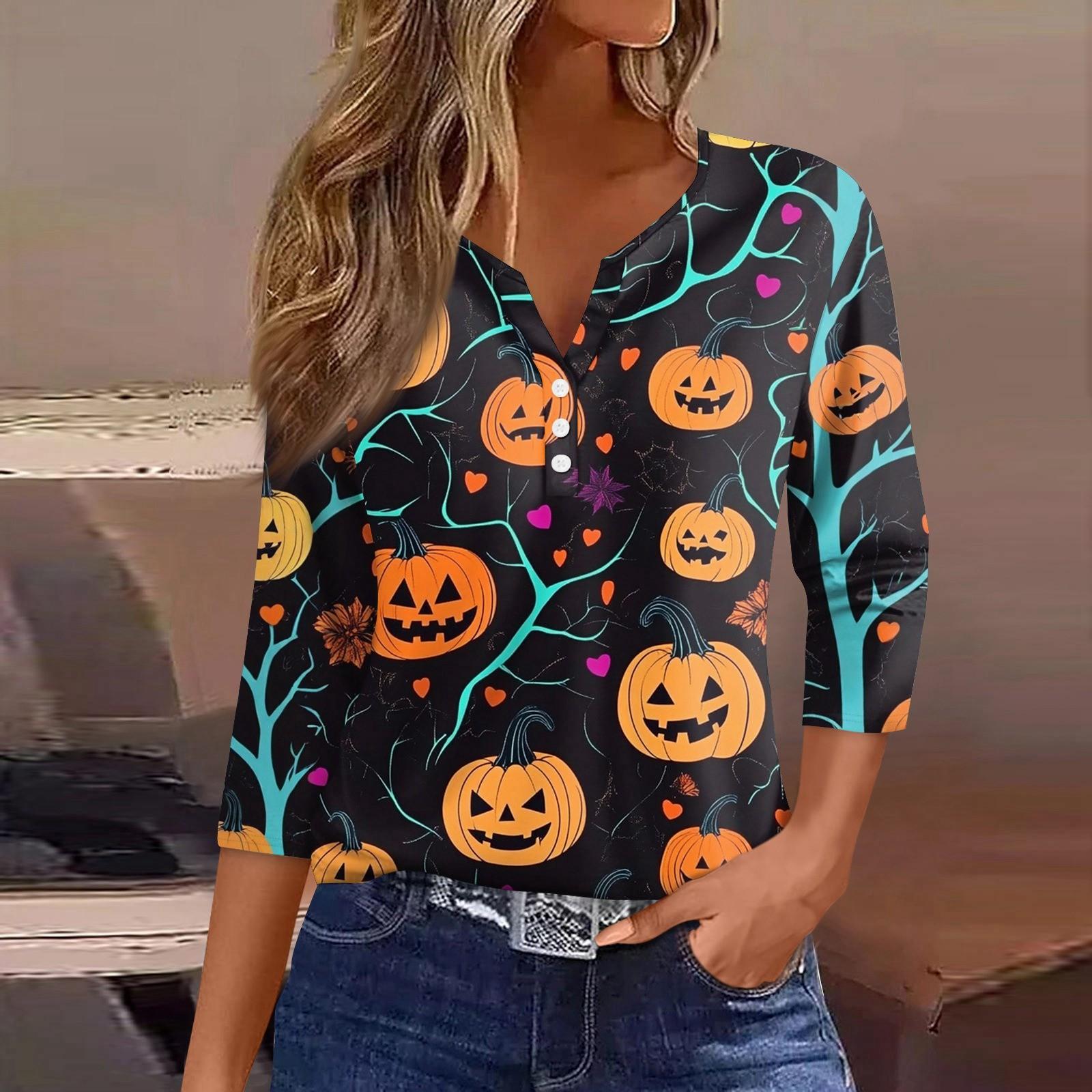 

Женская футболка Футболка Хэллоуин Принт Пуговица Рукав 3/4 Туника Повседневная Мода Выходного дня Базовая V-образный вырез Обычный топ S шафрановый