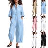 Damen Farbe Knopfleiste Stehkragen Dreiviertelärm Lockerer Jumpsuit