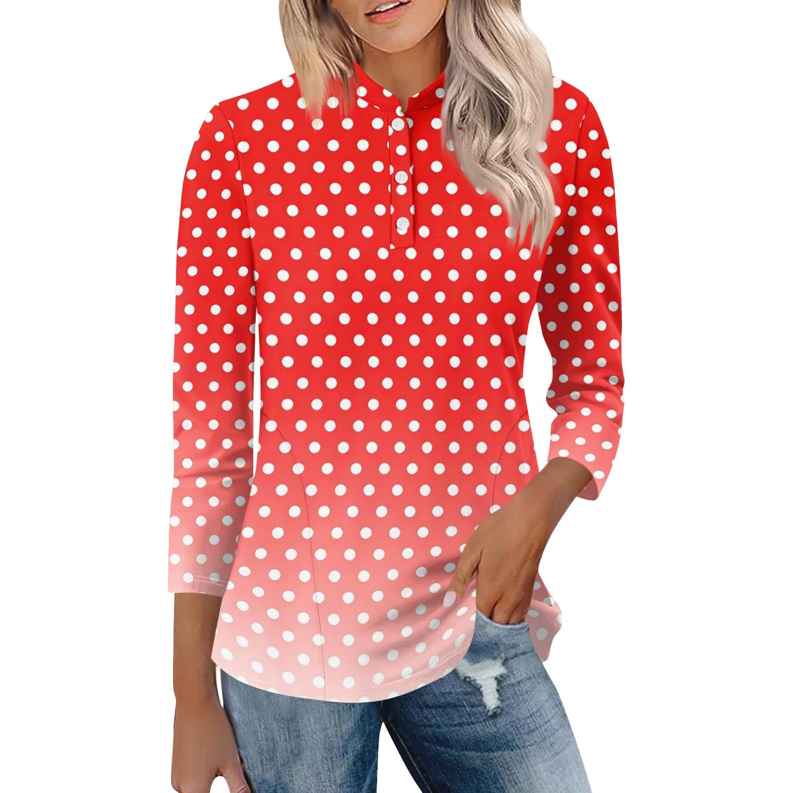 

Women s Casual Polo Shirt Loose Fit Three Quarter Sleeve Top Button Placket Polka Dot Print Lightweight Comfortable Fabric XXL красный