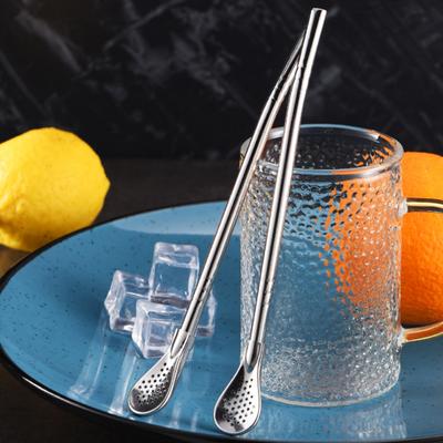 2 Pcs Stainless Steel Straw Filter Spoon Reusable Tea Strainer Spoon Filter Drinking Straws with Cleaning Brush Double-sided Tea Straw for Coffee