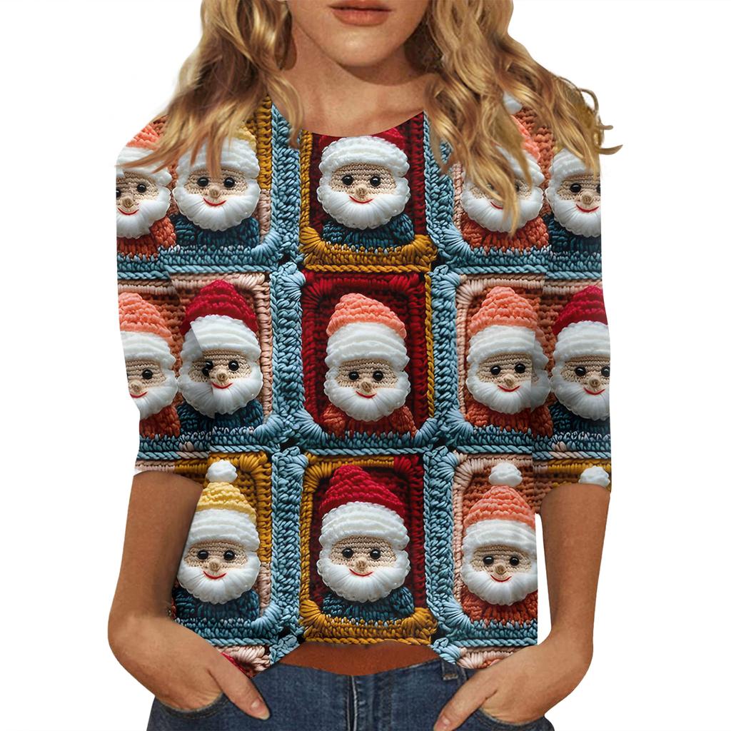 Women's Fashionable Casual Three-Quarter Sleeve Christmas Print Round Neck Top