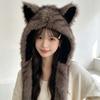 Plush Cats Ear Hat with Faux Furs Look Earflaps, Long Coverage Thick Warm Hat for Cold Weather Daily Outfit Styling, Outdoor Activity