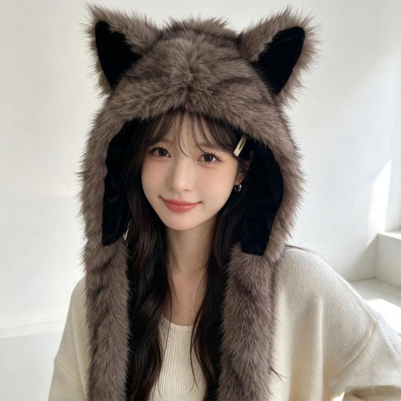 Plush Cats Ear Hat with Faux Furs Look Earflaps, Long Coverage Thick Warm Hat for Cold Weather Daily Outfit Styling, Outdoor Activity