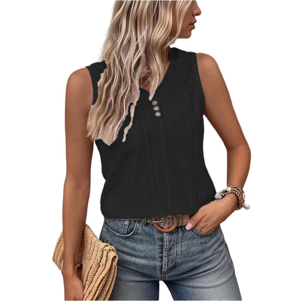 Women's Solid Color Summer Casual V-Neck Buttoned Vest T-Shirt Tops