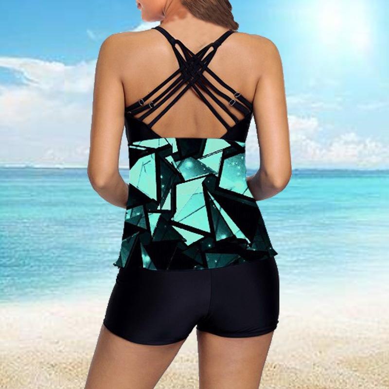 Women's Hanging Neck Swimsuit Block Print Bikini Short Tank Top Swimsuit