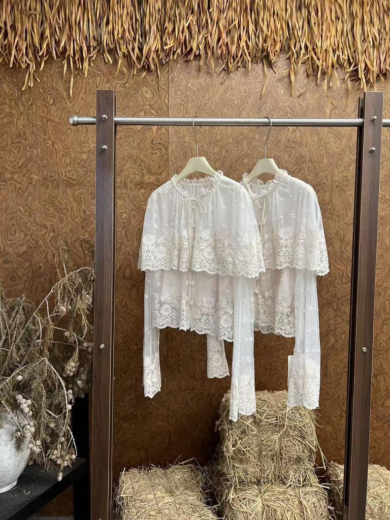 SE Designer 26 Spring Lace Shirt: Double-Layered, Sheer Mesh, Floral Embroidered Cape Cardigan