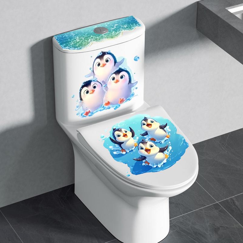 Cute Cartoon Penguin Toilet Decal Stickers Waterproof Self Adhesive Removable Lovely Pattern for Washroom Decor