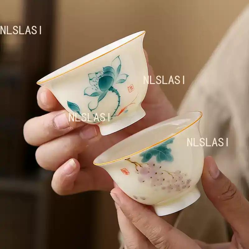 2PCS Ceramic Hand-painted Tea Cups Chinese Plant Patterned Tea Bowl Living Room Coffee Cup Household Tea Ceremony Accessories