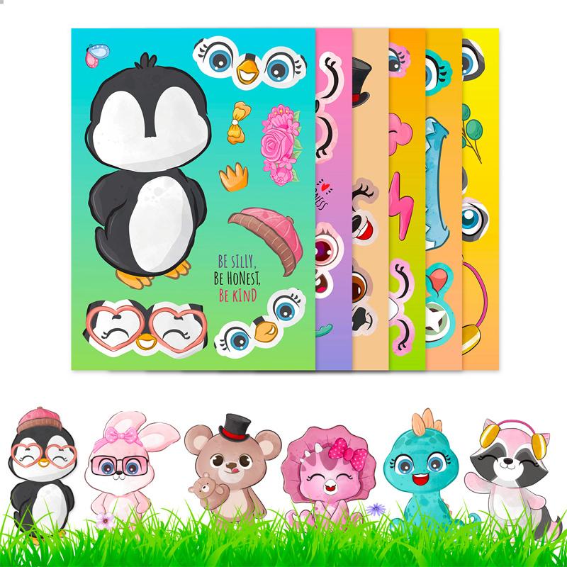6 Sheets/Set Creative Kids DIY Make Your Own Cartoon Animal Sticker Handmade Craft Decal Birthday Party Gifts Decoration