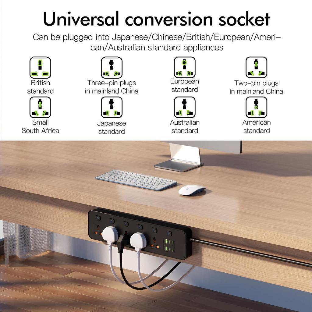 Universal Power Strip with USB Ports, Individual Swtich, 6ft Power Cord, 5 Universal AC Outlets, 4USB C and 2USB (5V/4.2A), Max 3000w, 110-240V,