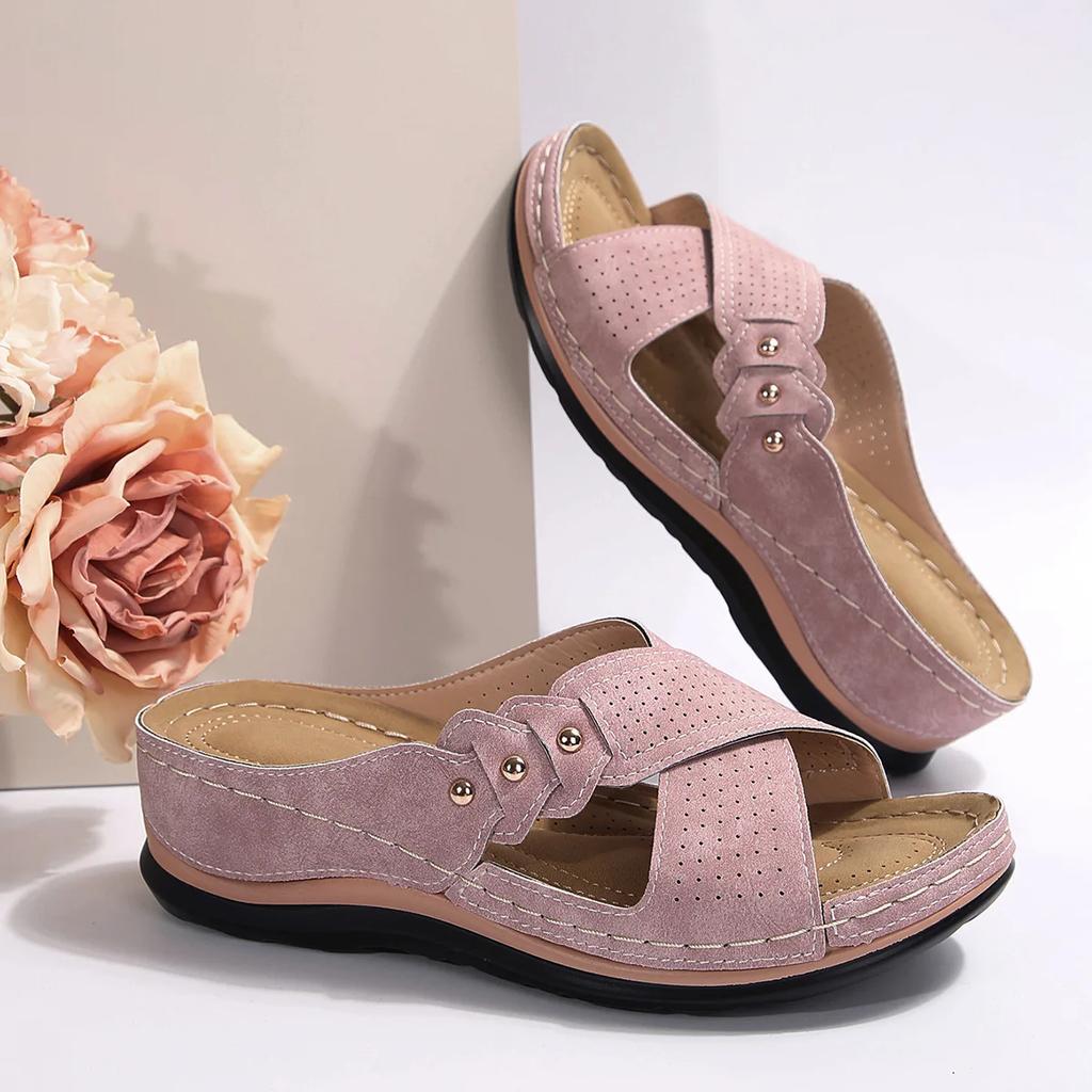 Fashion Vintage Mid Heel Strappy Back Open Toe Slide Sandals - Soft Faux Leather Upper Comfy PU Sole Comfortable Shoes for Women