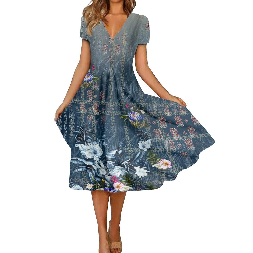 Women's Fashion And All- Summer Temperament V-neck Printed Short-sleeved Dress