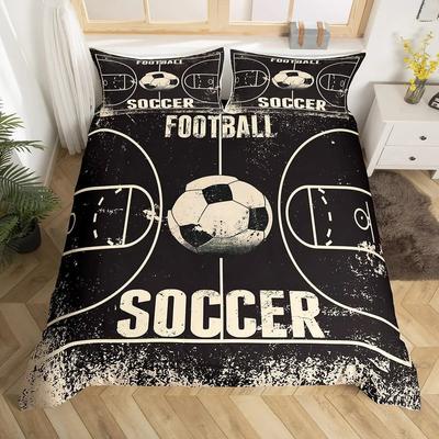 Fußball Bettbezug für Jungen Mädchen Vintage Fußball Bettdeckenbezug Einzelbett Schwarz Fußballfeld Bettwäschesets Sportthema Bettset