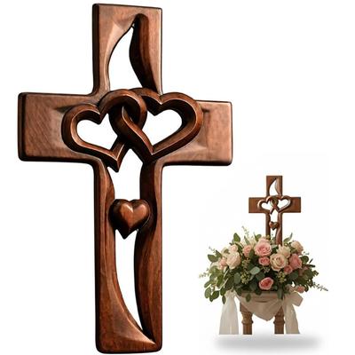 Hand-Carved Intertwined Hearts Wooden Cross, Hanging Hand Carved Marriage Cross
