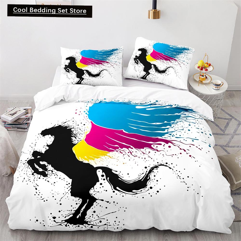 Comforter 3D Horse King Queen Size White Running Horses Pattern Bedding Set For Kids Teens Adults Wild Animal Soft