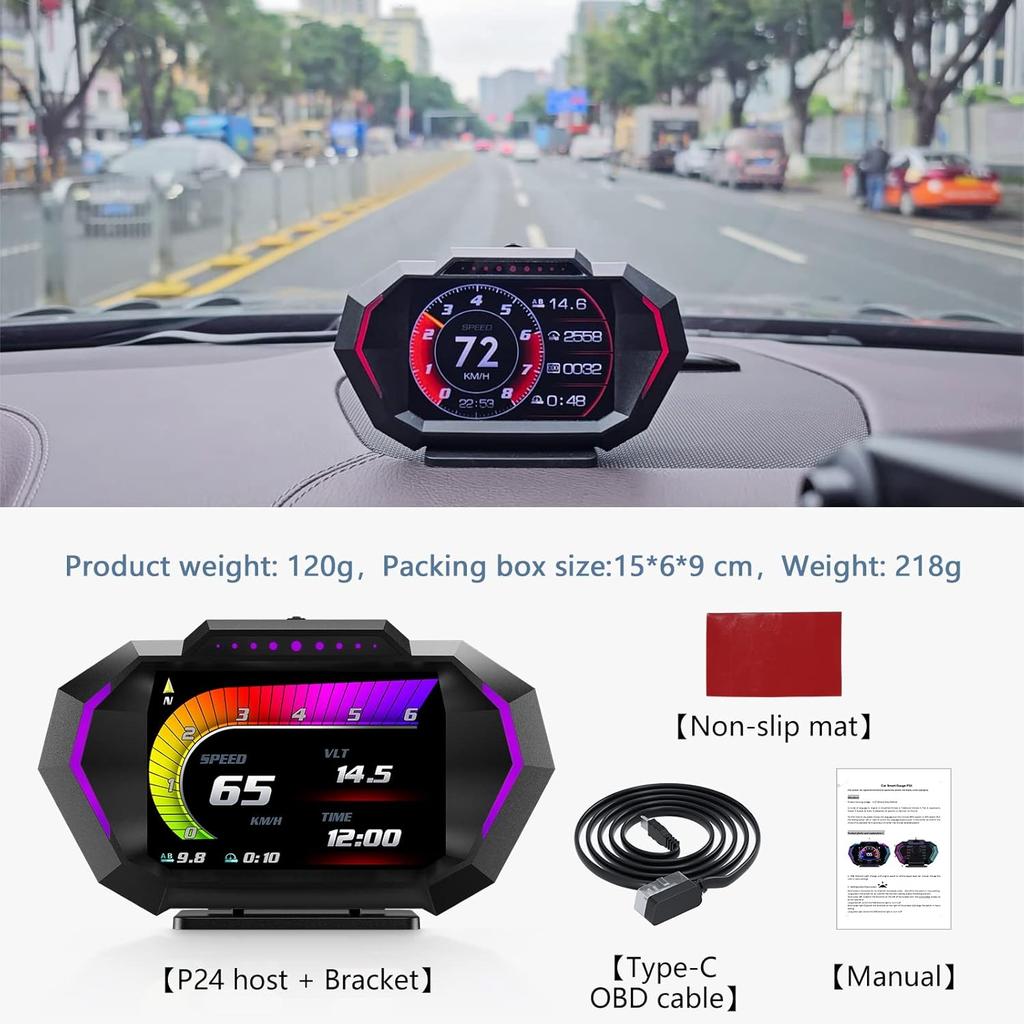 Obd2 Gauge Display with Speed, Heads Up Display for Cars P24, Fuel Consumption, RPM, Overspeed Alarm, OBD+GPS Digital Speedometer Suitable for All