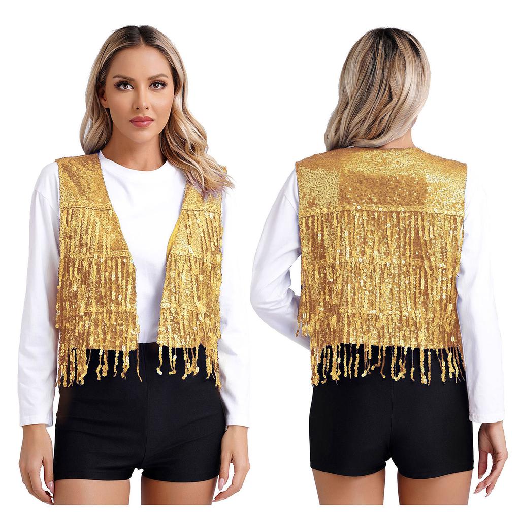Women's Shiny Sequin Sleeveless Vest Sparkly Casual Open Front Waistcoat Jackets Glitter Vest Coat