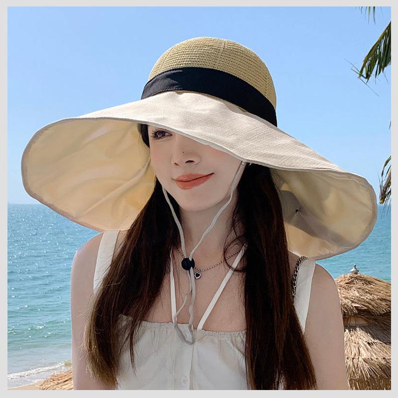 

Hat female cm large brim colored glue sunscreen visor hat summer anti-ultraviolet face cover show face small bucket hat Adjustable бежевый