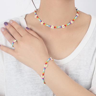 Ins Ethnic Style Colored Rice Bead Necklace Bracelet Ring Set, Flower Daisy Simple Jewelry Combination