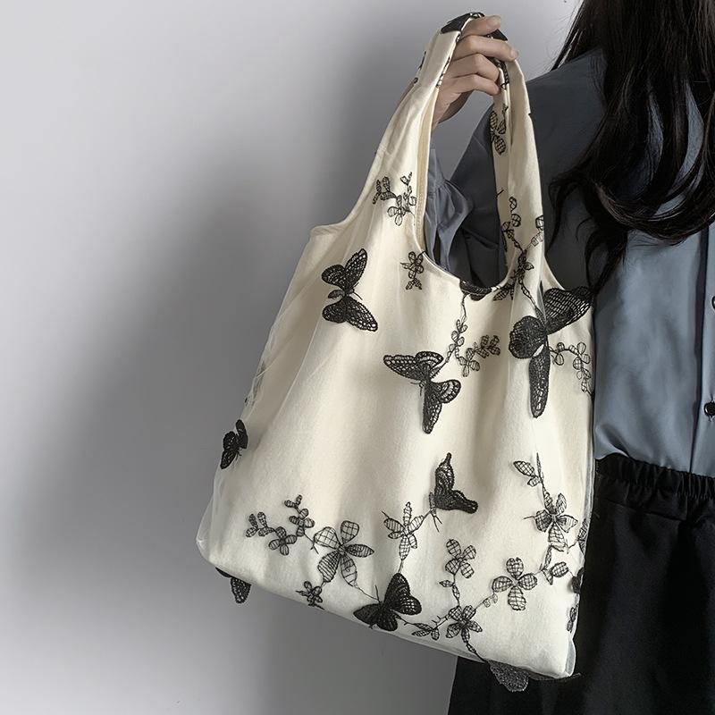 Elegant Black Butterfly Embroidered Canvas Bag - Large Capacity, Versatile Shoulder Bag for Women