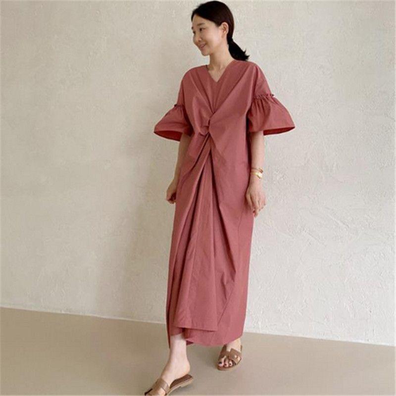 

2021 Summer Twist over the Knee Long Dress Women Korean Style Loose Plus size Fashion Casual Irregular Skirts Fashion Pink S
