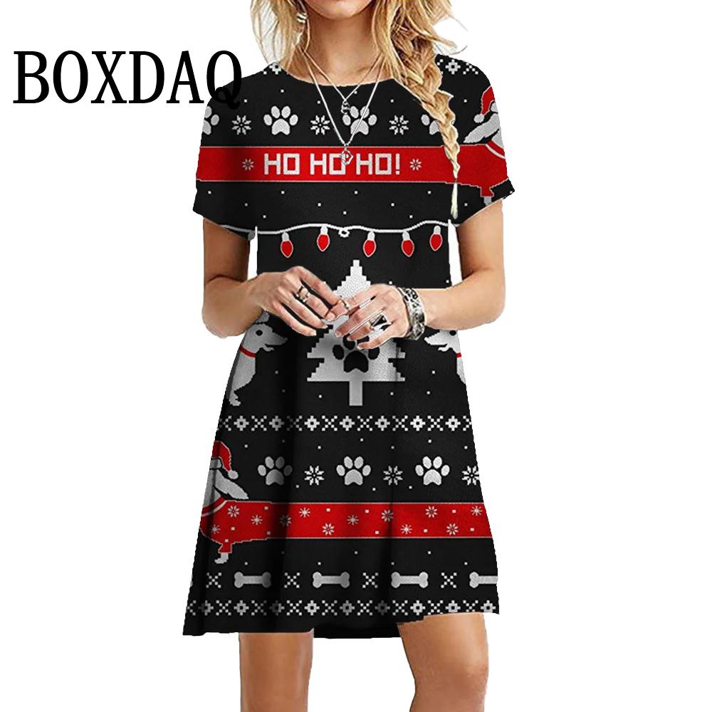 New Year Winter Christmas Deer Snowflake Dresses Women Short Sleeve Loose Tree Fashion Sweet O-Neck Party Dress