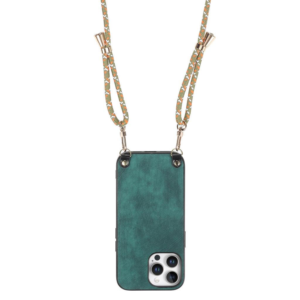 For iPhone 16 Pro Max Case Retro Texture Leather Coated PC+TPU Phone Cover with Hanging Rope