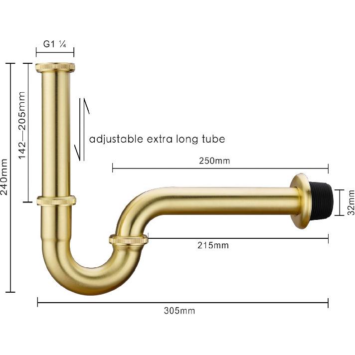 Brass P Trap, 1 1/4 Bathroom Basin Sink Waste Trap Drain Kit with Flange and Slip Joint Extension Tube Drain Tailpiece, Adjustable Height, Brushed