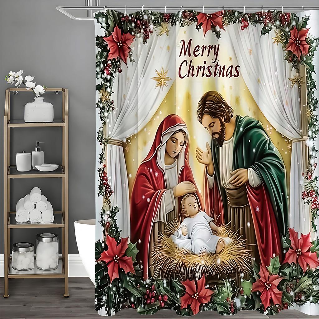 Merry Christmas Nativity Shower Curtain, Bathroom Decorative Shower Curtain, Waterproof Shower Curtain with Hooks