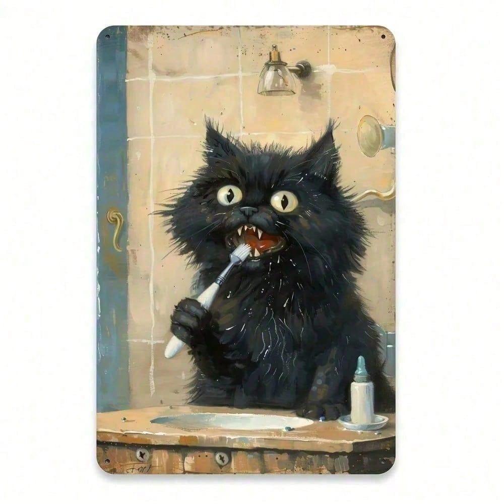 Vintage Black Cat Brushing Teeth Metal Tin Sign Retro Bathroom Wall Decor 20cm