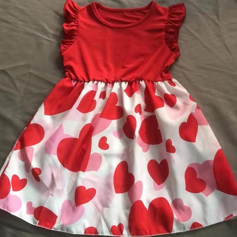 European & American Style Girls' Short Sleeve Heart Print Knitted Dress