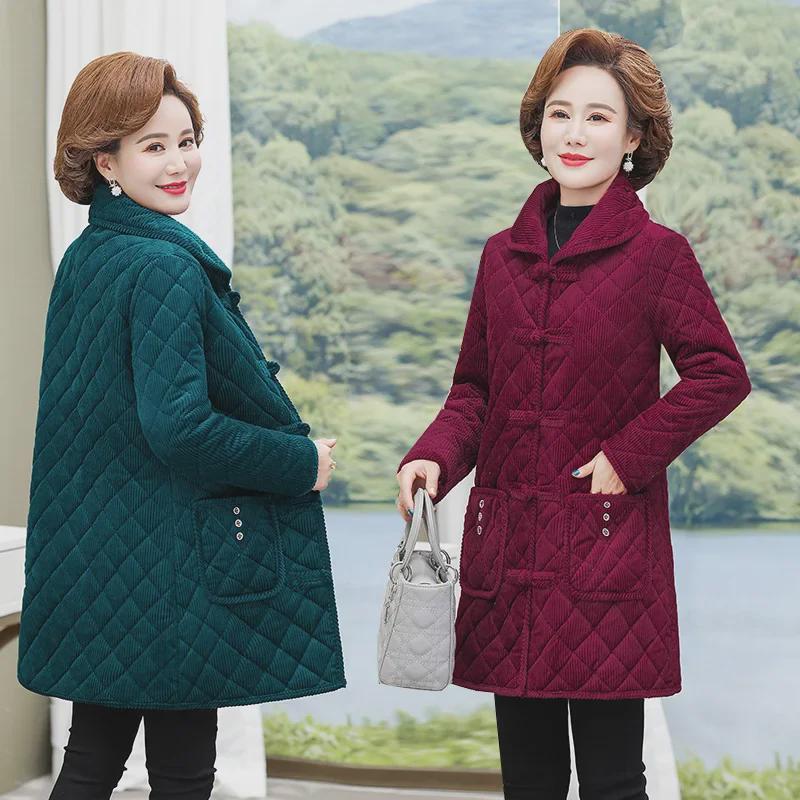 Corduroy Cotton Lapel Coat for Middle-Aged & Elderly Women - Warm, Thickened, Medium-Long Winter Jacket