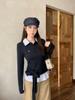 Plus Size Women's Polo Collar Long Sleeve Patchwork T-shirt with Tie-up Waist